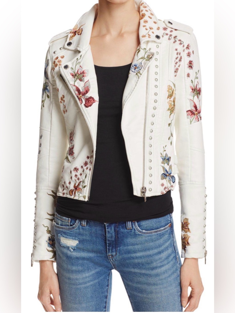 NWT BLANKNYC L Floral Embroidered & Embellished Moto white faux leather jacket